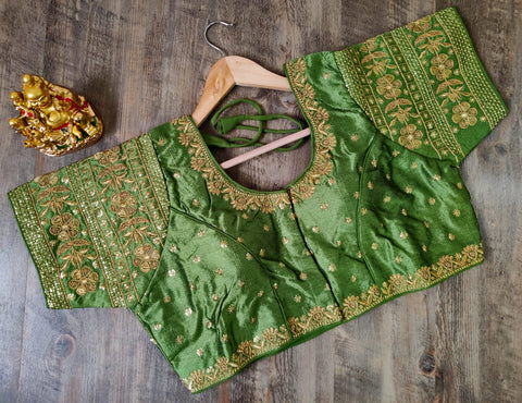 Olive Green Color Embroidery & Sequence Designer Blouse in Heavy Fentam Silk (Design 694)