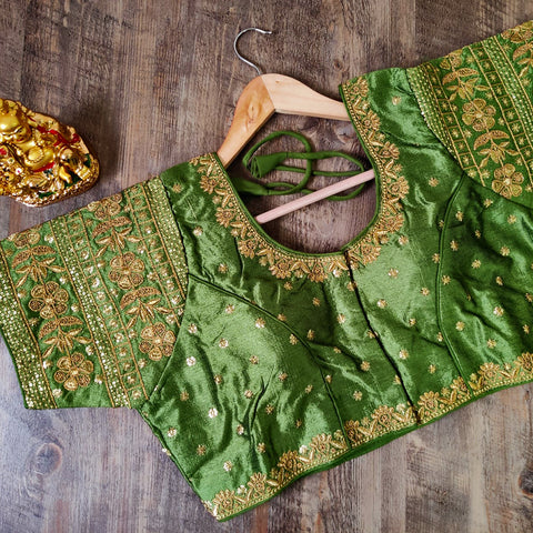 Olive Green Color Embroidery & Sequence Designer Blouse in Heavy Fentam Silk (Design 694)