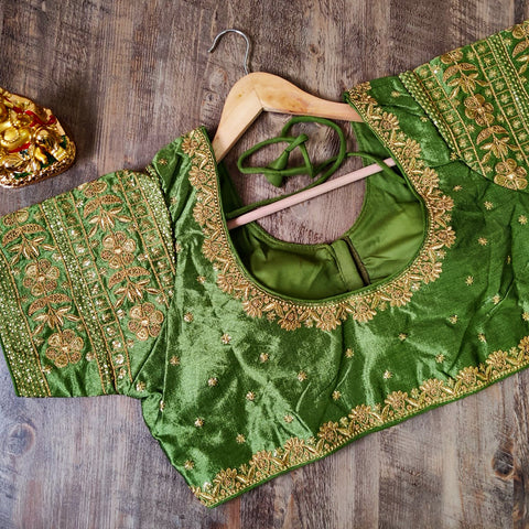 Olive Green Color Embroidery & Sequence Designer Blouse in Heavy Fentam Silk (Design 694)
