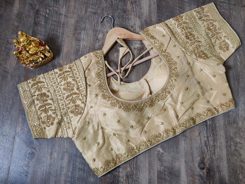 Gold Color Embroidery & Sequence Designer Blouse in Heavy Fentam Silk (Design 698)