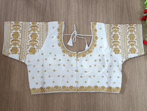 White Color Embroidery & Sequence Designer Blouse in Heavy Fentam Silk (Design 700)