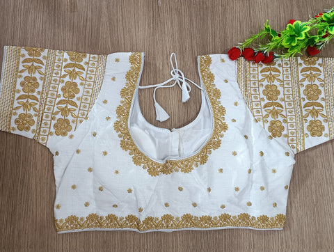 White Color Embroidery & Sequence Designer Blouse in Heavy Fentam Silk (Design 700)