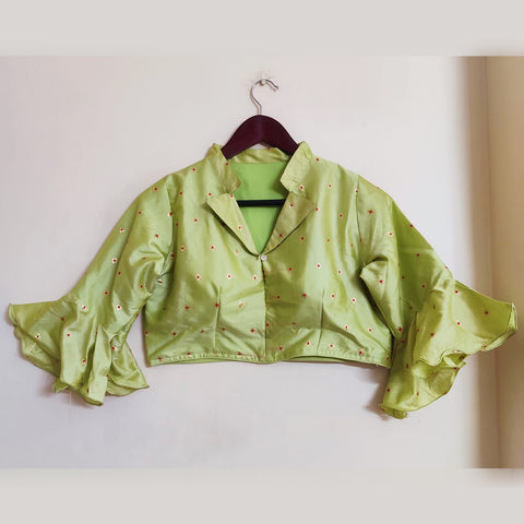 Pista Green Color Zari Work Butti Designer Readymade Blouse in Cotton Jaquard (Design 721)