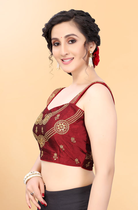 Designer Maroon Color Embroidery Blouse in Silk (Design 882)