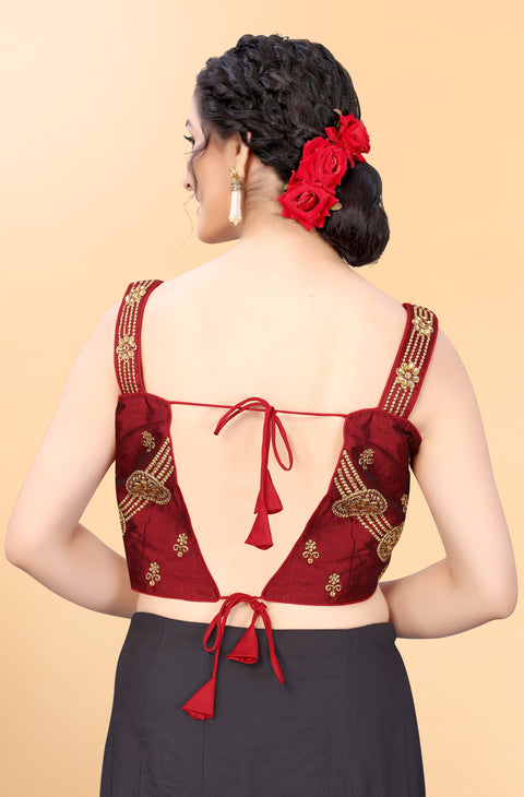 Designer Maroon Color Embroidery Blouse in Silk (Design 882)