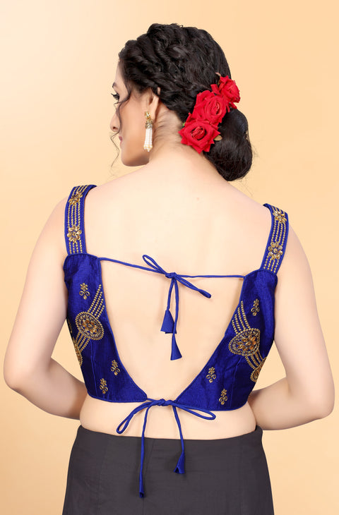 Designer Royal Blue Color Embroidery Blouse in Silk (Design 883)