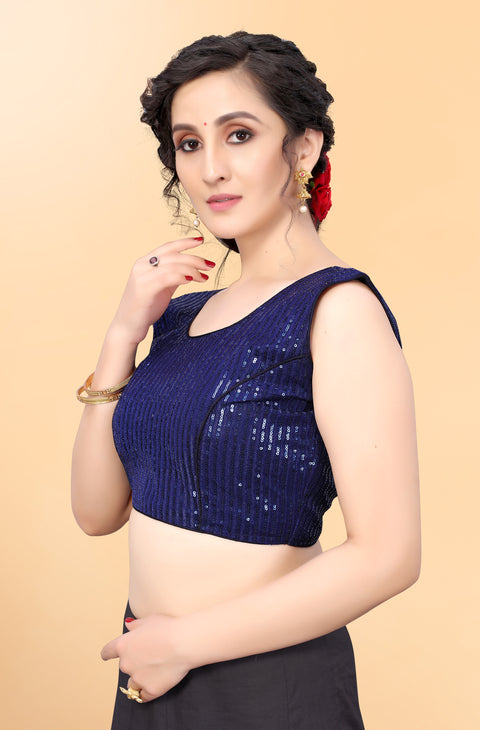 Designer Navy Blue Color Sequence Blouse in Silk (Design 843)