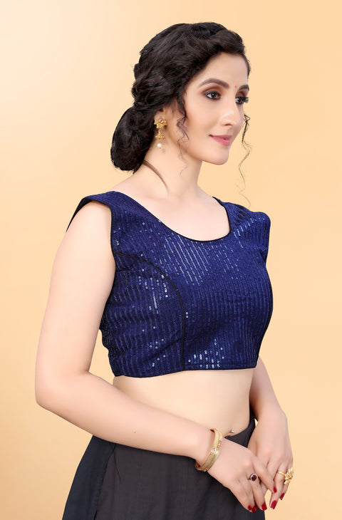 Designer Navy Blue Color Sequence Blouse in Silk (Design 843)
