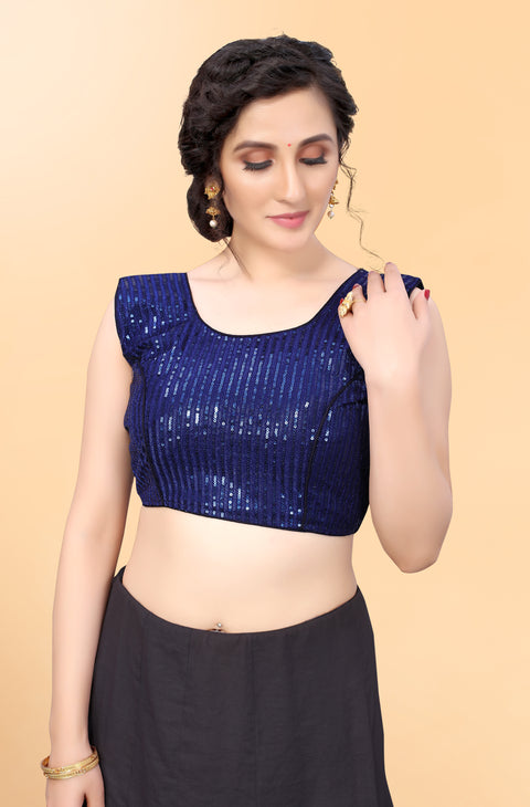 Designer Navy Blue Color Sequence Blouse in Silk (Design 843)