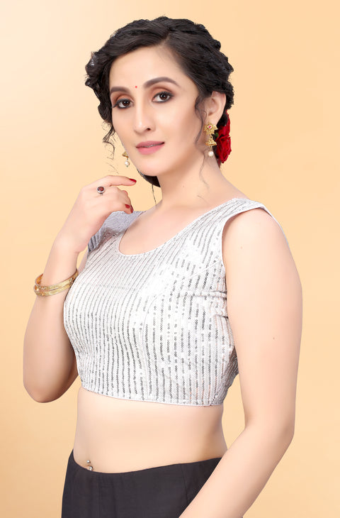 Designer White Color Sequence Blouse in Silk (Design 845)