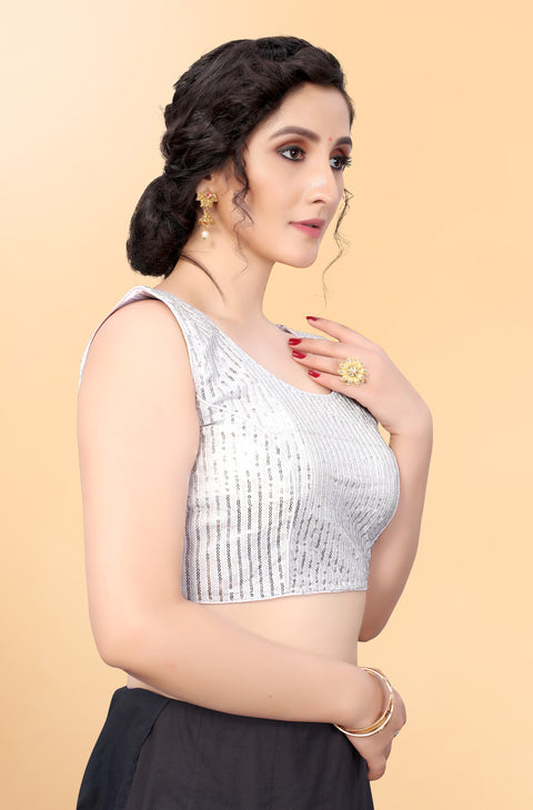 Designer White Color Sequence Blouse in Silk (Design 845)