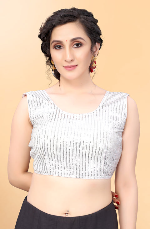 Designer White Color Sequence Blouse in Silk (Design 845)