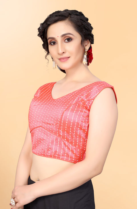 Designer Peach Color Embroidery & Sequence Blouse in Silk (Design 881)