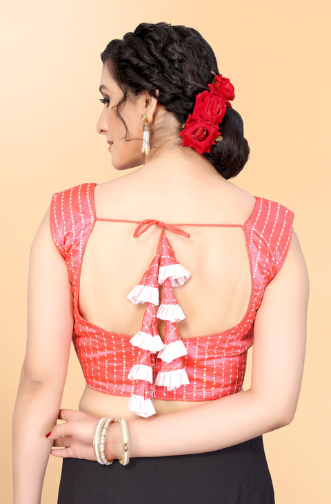 Designer Peach Color Embroidery & Sequence Blouse in Silk (Design 881)