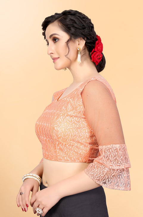 Designer Peach Embroidery Blouse in Net for Party Wear (Design 797)