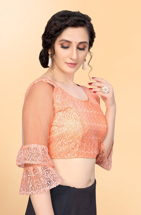 Designer Peach Embroidery Blouse in Net for Party Wear (Design 797)