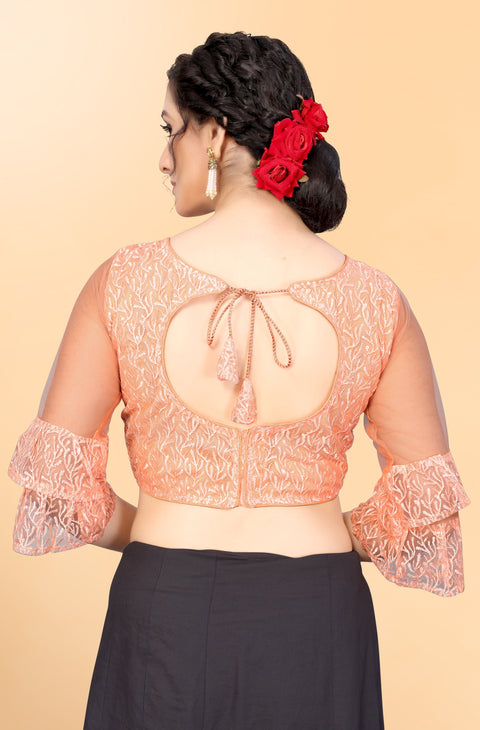 Designer Peach Embroidery Blouse in Net for Party Wear (Design 797)