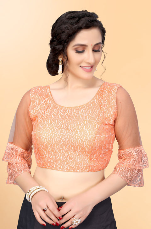 Designer Peach Embroidery Blouse in Net for Party Wear (Design 797)