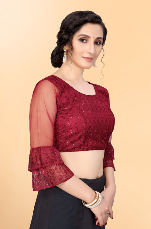 Designer Maroon Embroidery Blouse in Net for Party Wear (Design 798)