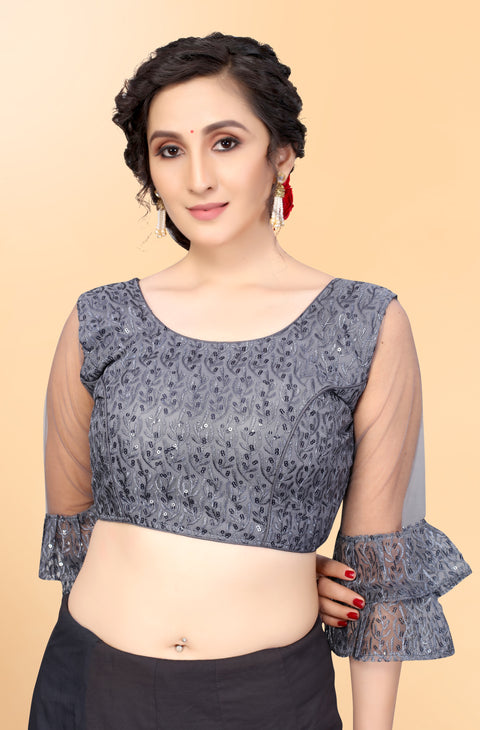 Designer Gray Embroidery Blouse in Net for Party Wear (Design 802)