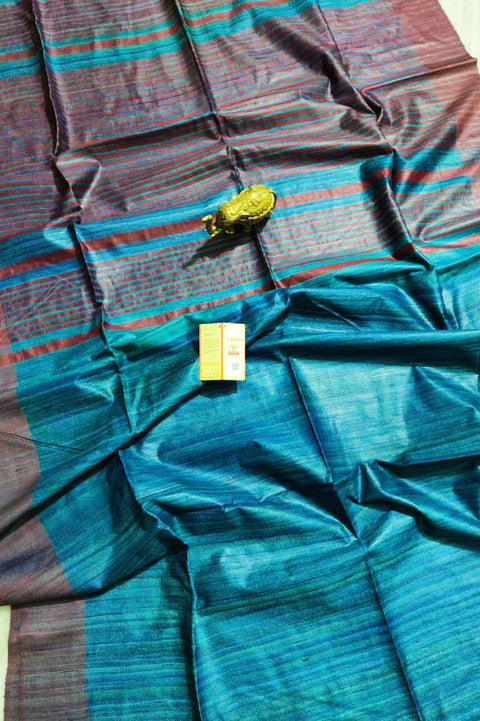 Silk Mark Certified Pure Handloom Tussar Ghicha Silk Saree In Blue And Red Color - PAAIE