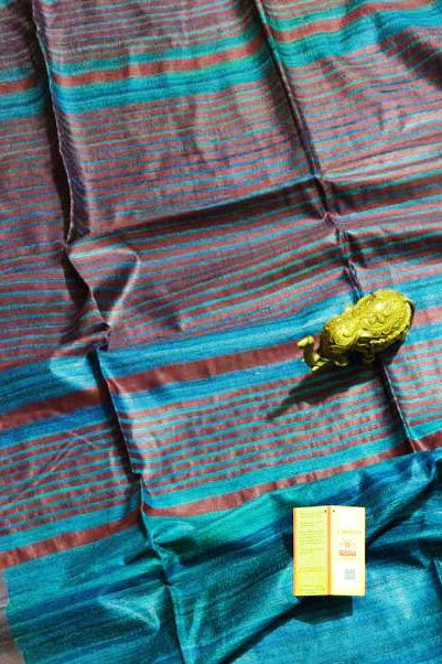 Silk Mark Certified Pure Handloom Tussar Ghicha Silk Saree In Blue And Red Color - PAAIE