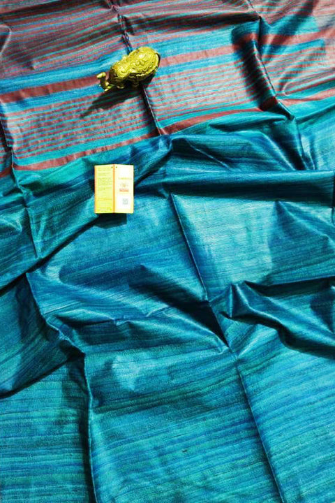 Silk Mark Certified Pure Handloom Tussar Ghicha Silk Saree In Blue And Red Color - PAAIE