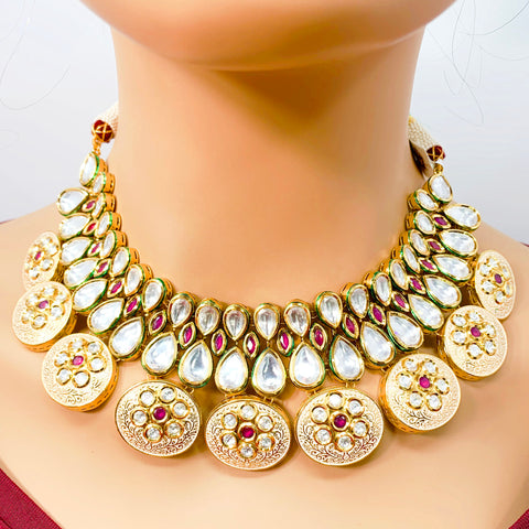 Gold Plated Baby Pink and Ruby Kundan Set - PAAIE