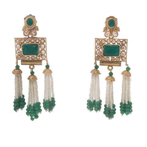 Bejeweled and Beaded Golden Earrings in Green - PAAIE