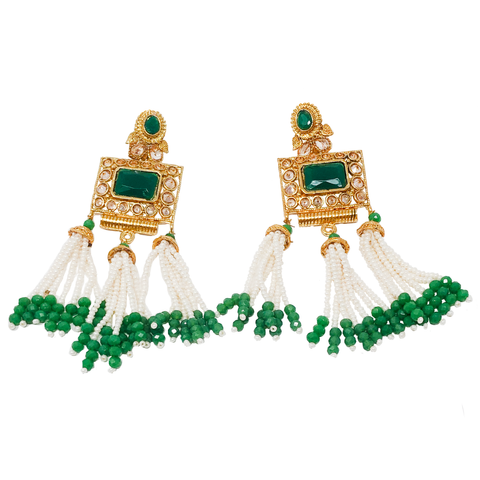 Bejeweled and Beaded Golden Earrings in Green - PAAIE