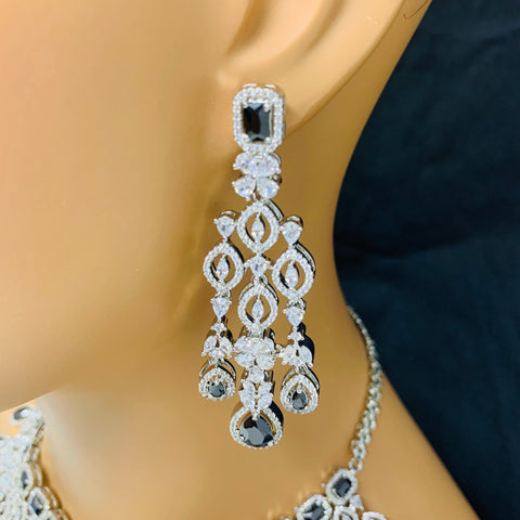 Designer Semi-Precious American Diamond & Black Necklace with Earrings (D608)