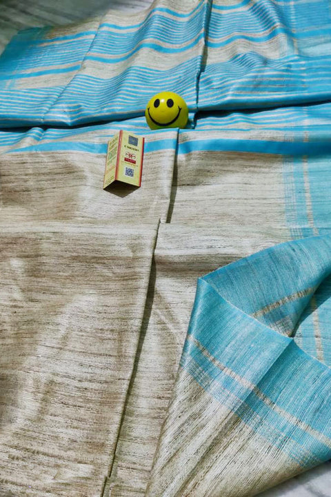 Silk Mark Certified Pure Handloom Tussar Ghicha Silk Saree In Sky Blue And Cream Color - PAAIE