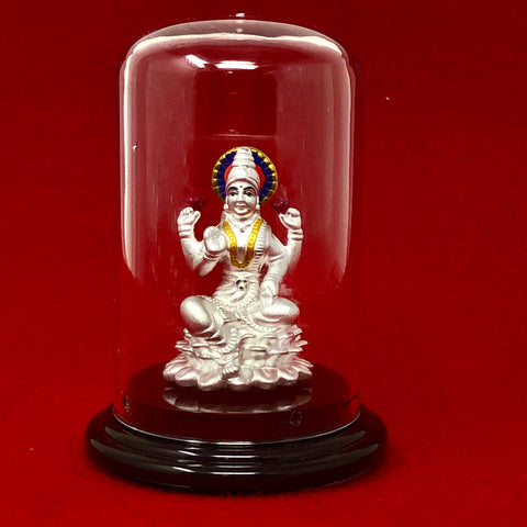 999 Pure Silver Small Lakshmi Idol with Purple Headrest in Circular Base - PAAIE