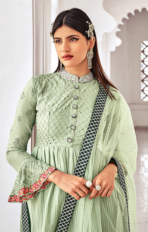 Designer Green Color Suit with Pant & Dupatta in Chinnon (K645)