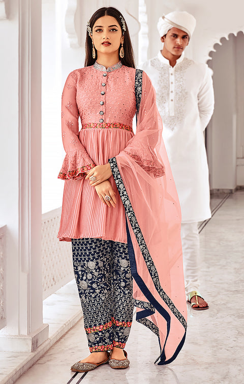 Designer Peach Color Suit with Pant & Dupatta in Chinnon (K646)