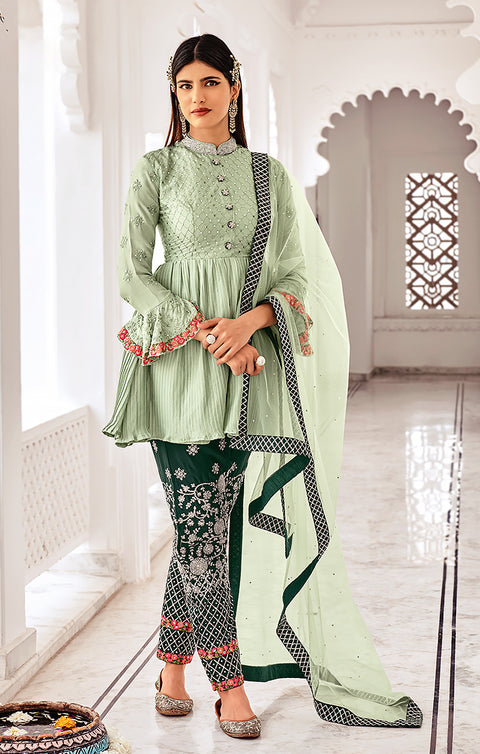 Designer Green Color Suit with Pant & Dupatta in Chinnon (K645)