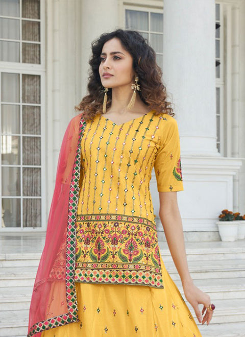 Designer Yellow Color Heavy Thread Embroidery With Foil Work Lehenga Choli (D109)