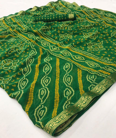 Designer Chiffon Bandhej Green And Yellow With Gotta Patti Saree
