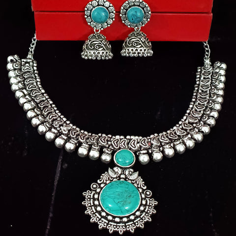 Designer Silver Oxidized & Green Beaded Necklace & Earrings Set (D217)