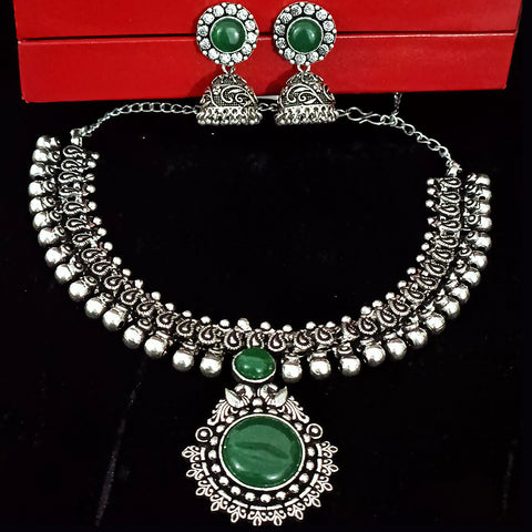 Designer Silver Oxidized & Green Beaded Necklace & Earrings Set (D218)