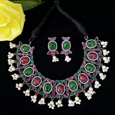 Designer Silver Oxidized & Multicolor Beaded Necklace & Earrings Set (D221)