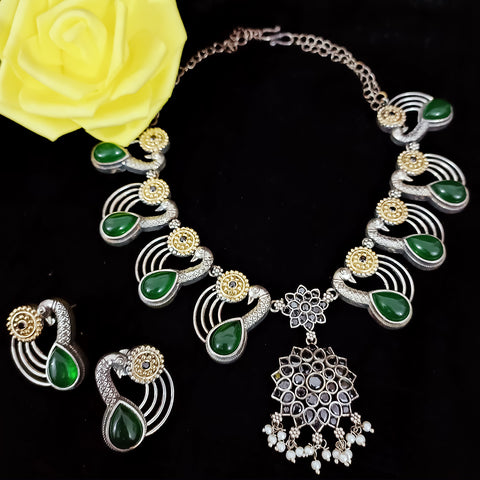 Designer Silver Oxidized & Green Beaded Necklace & Earrings Set (D223)