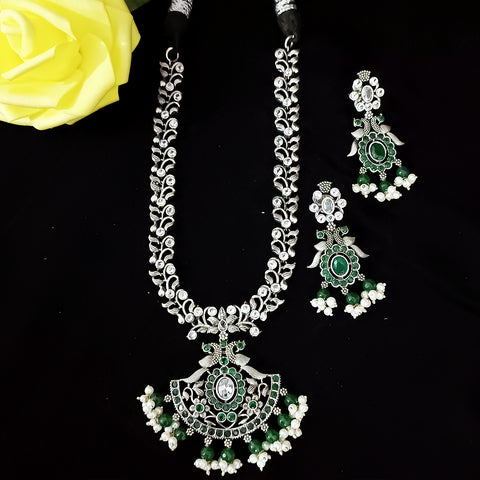 Designer Silver Oxidized & Green Beaded Necklace & Earrings Set (D226)