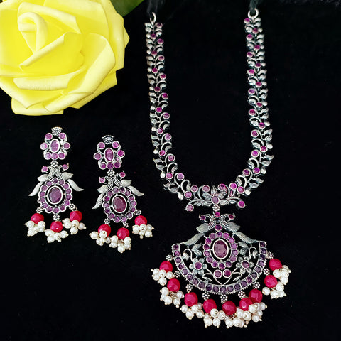 Designer Silver Oxidized & Red Beaded Necklace & Earrings Set (D228)