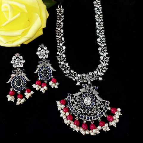 Designer Silver Oxidized & Red Beaded Necklace & Earrings Set (D229)