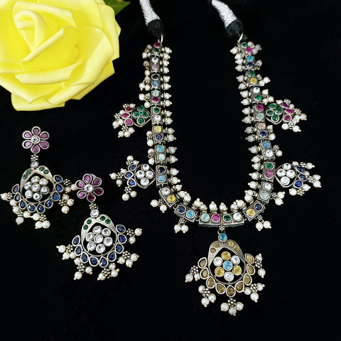 Designer Silver Oxidized & Multicolor Beaded Necklace & Earrings Set (D230)