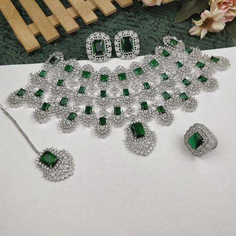 Designer Semi-Precious American Diamond Emerald Necklace with Earrings & Maangtikka (D710)