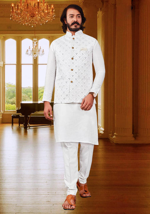 Designer Silk Kurta Pajama with Waist Coat in Mirror Work - White/White (D72)