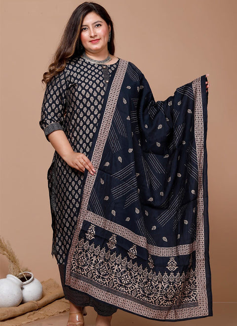 Marvellous Navy Blue Muslin Suit With Pant & Dupatta For Casual Wear (D846)