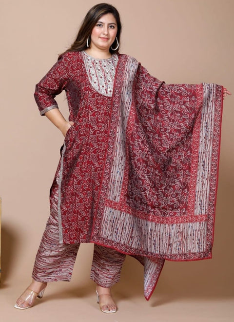Marvellous Maroon Color Muslin Suit With Pant & Dupatta For Casual Wear (D848)